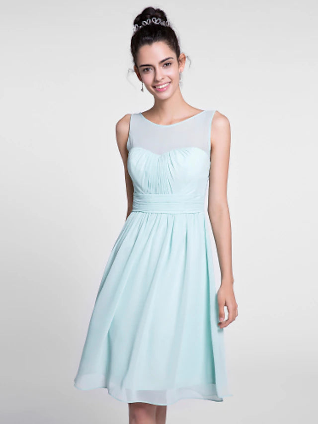 Luolandi A-Line Bridesmaid Dress Scoop Neck Sleeveless Knee Length Chiffon with Ruched / Draping A-Line Bridesmaid Dress Scoop Neck Sleeveless Knee Length Chiffon with Ruched Pure Color